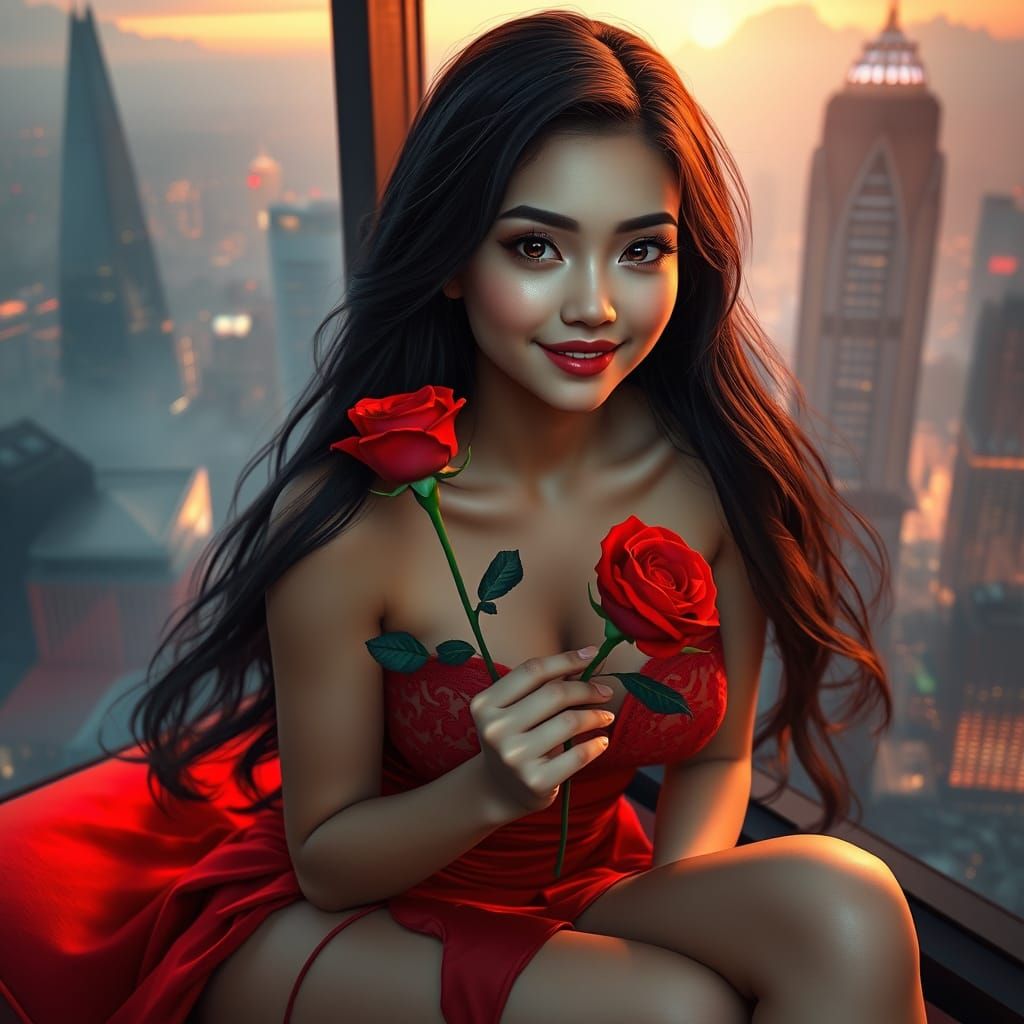 Enigmatic City Goddess in Vibrant Red Attire