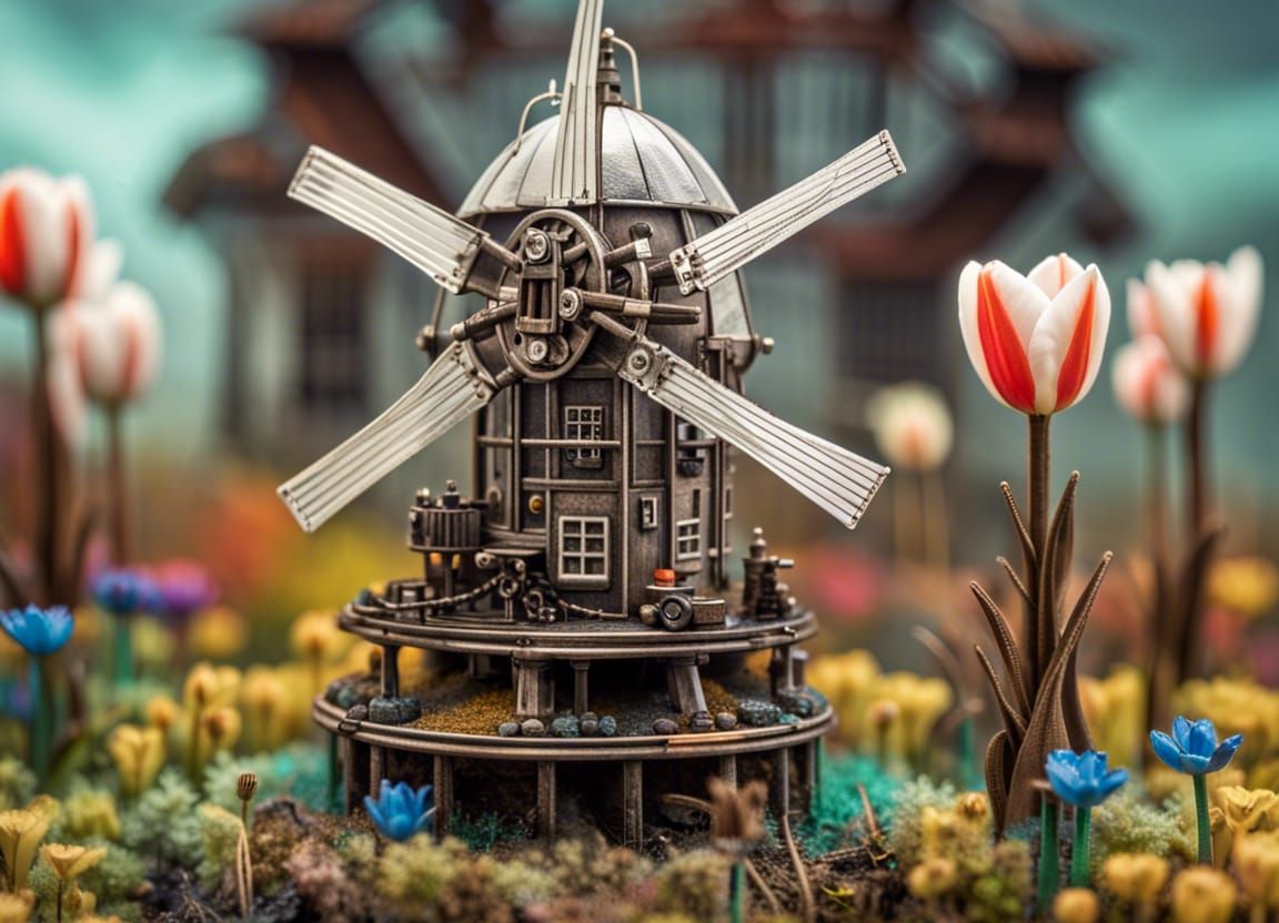 Steampunk Windmill Diorama with Tulips in Funk Punk Style