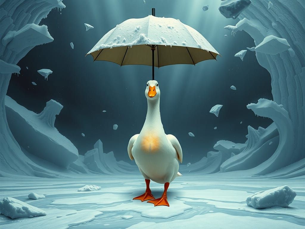 Surrealist Duck in Abandoned, Snowy Landscape with Fragmente...