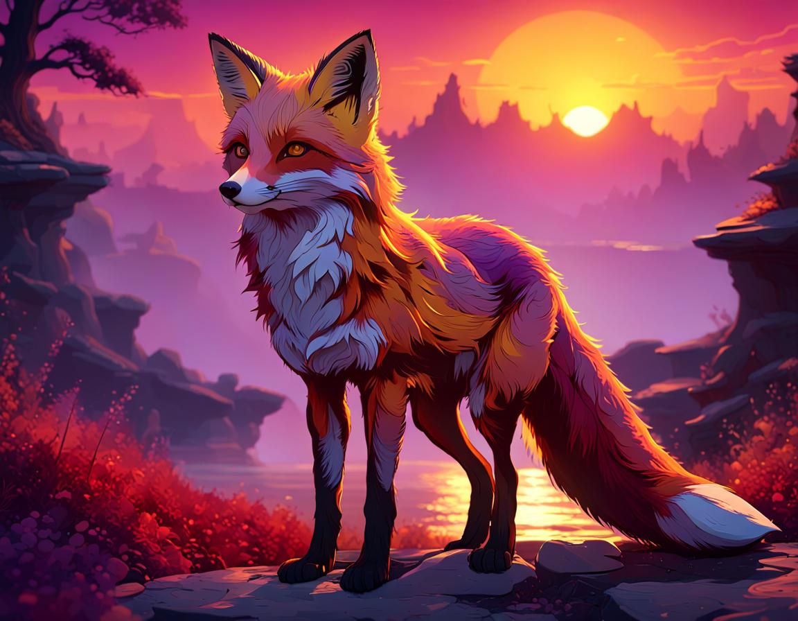 Sunset Fox in Dark Fantasy Style
