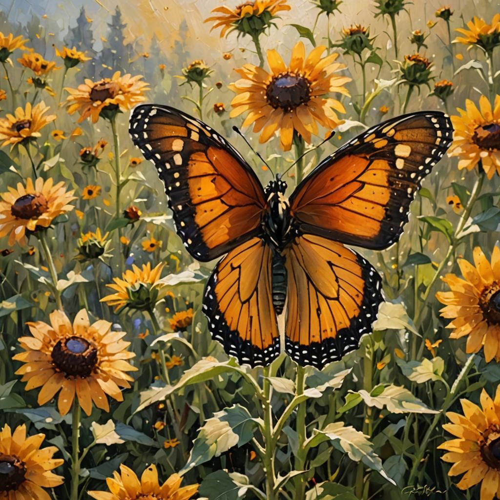 Monarch Butterfly Nectaring, Impressionist Oil Painting