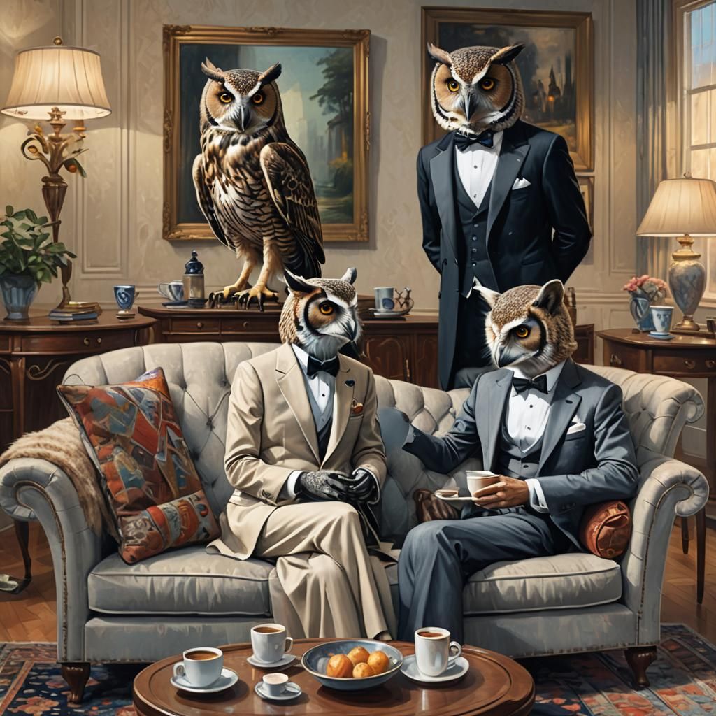 Owl and Weasel Conversation: Hyperrealistic Living Room Scen...