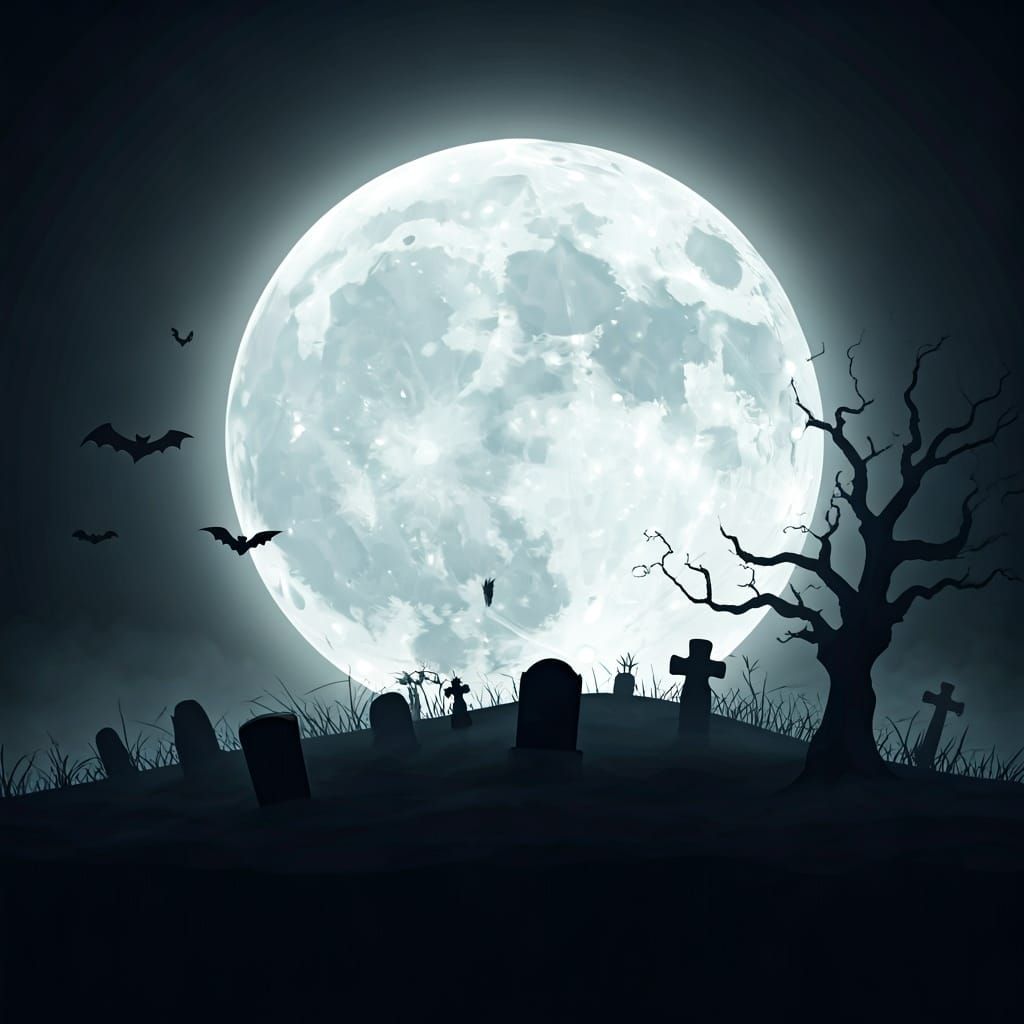 Graveyard Silhouetted Against a Large Moon