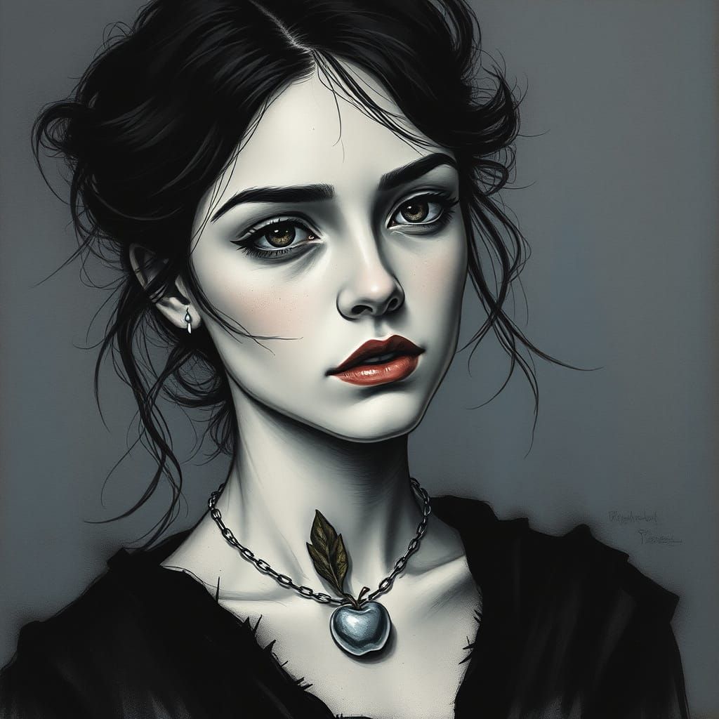 Young Woman with Silver Apple Necklace in Expressive Ink and...