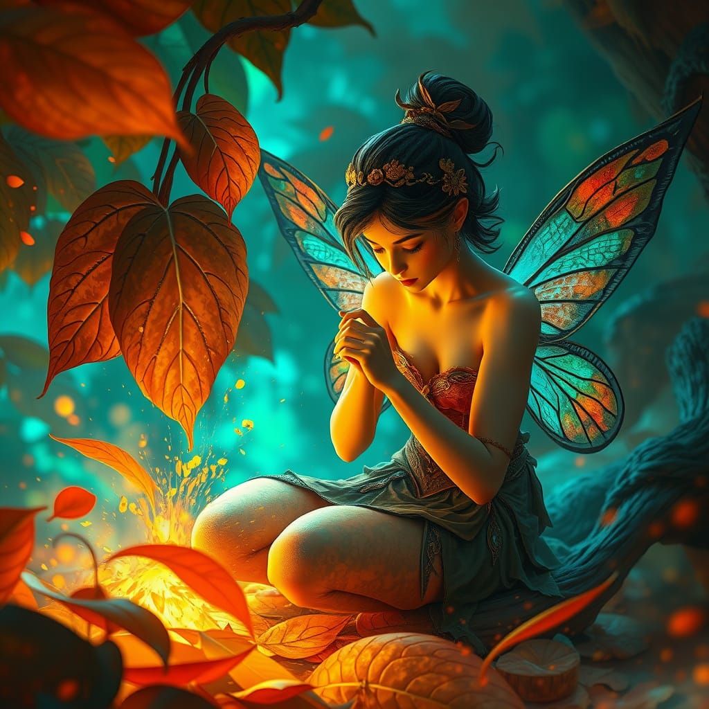 Fairy in Whimsical Studio Sewing with Leaves