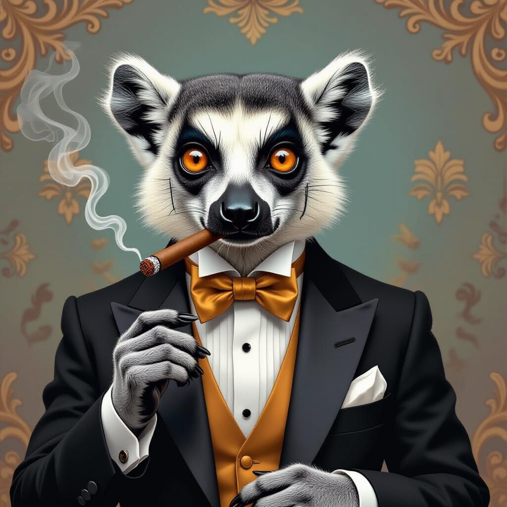 Lemur in Tuxedo with Cigar, Vintage Style