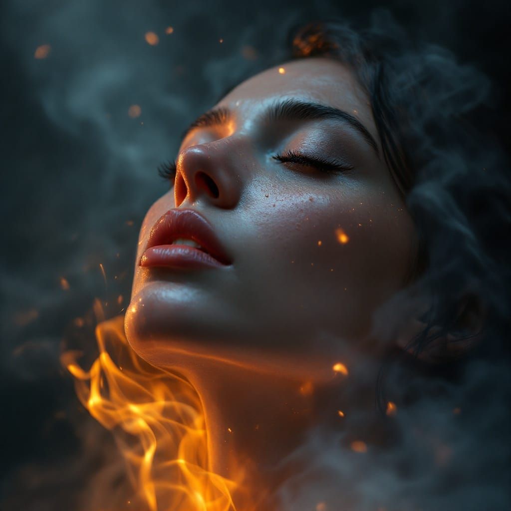 Serene Woman Bathed in Soft, Ethereal Flames