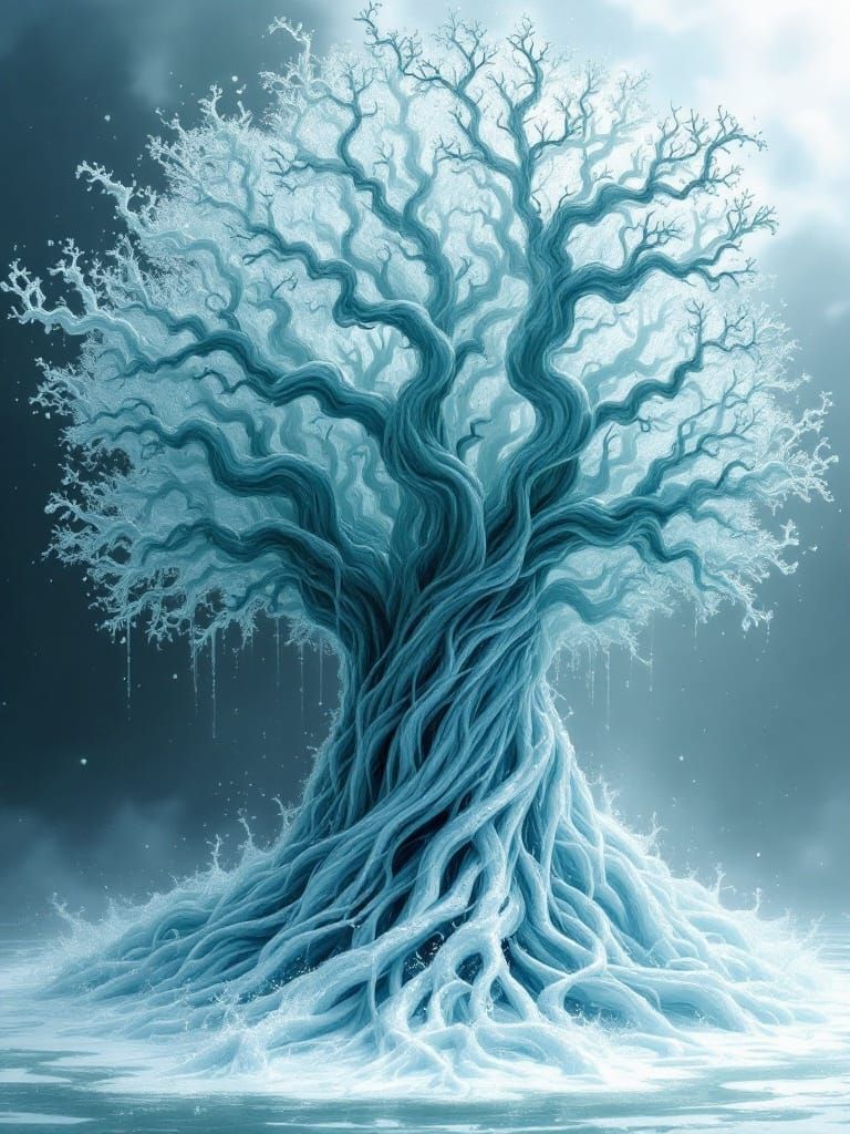 Ethereal Water Tree in a Swirling Droplet Aesthetic