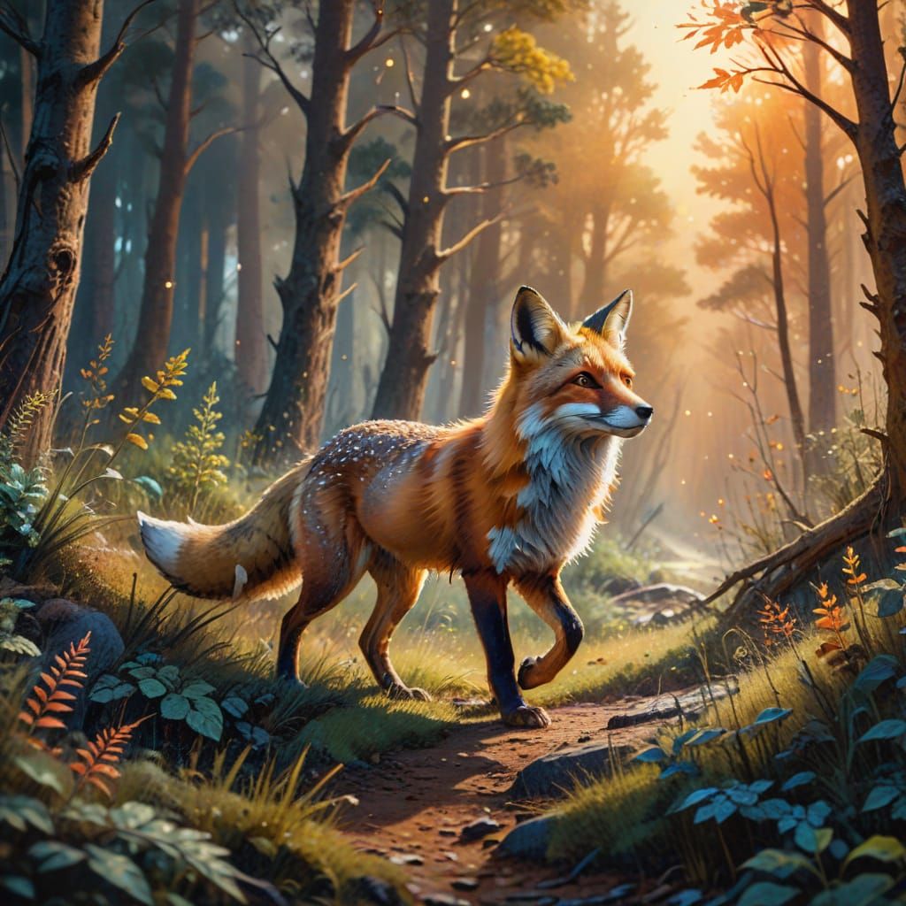 Fox Walks in Forest with Star, Impressionist Gouache