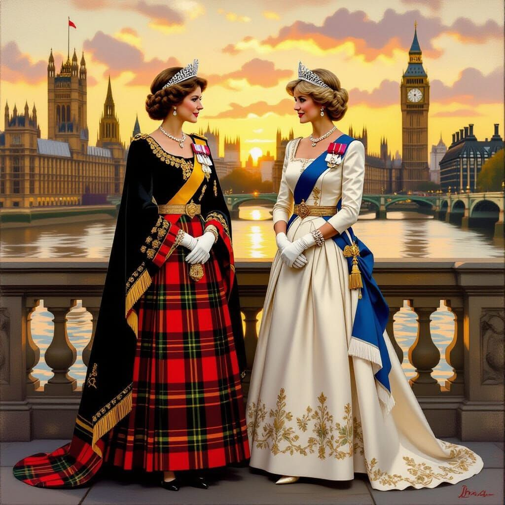 Queen Elizabeth and Princess Diana in Kilts in London