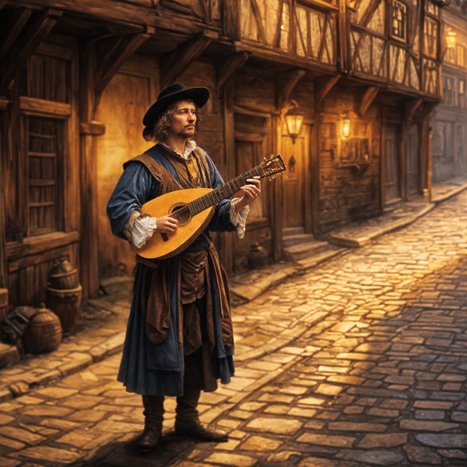 A Minstrel in 17th Century Medieval Street Scene