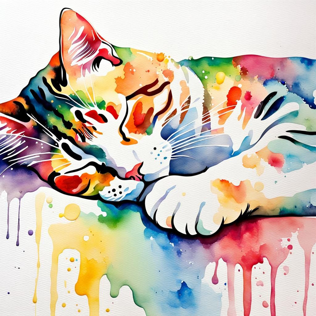 Minimalist Watercolor of Sleeping Cat in Bright Colors