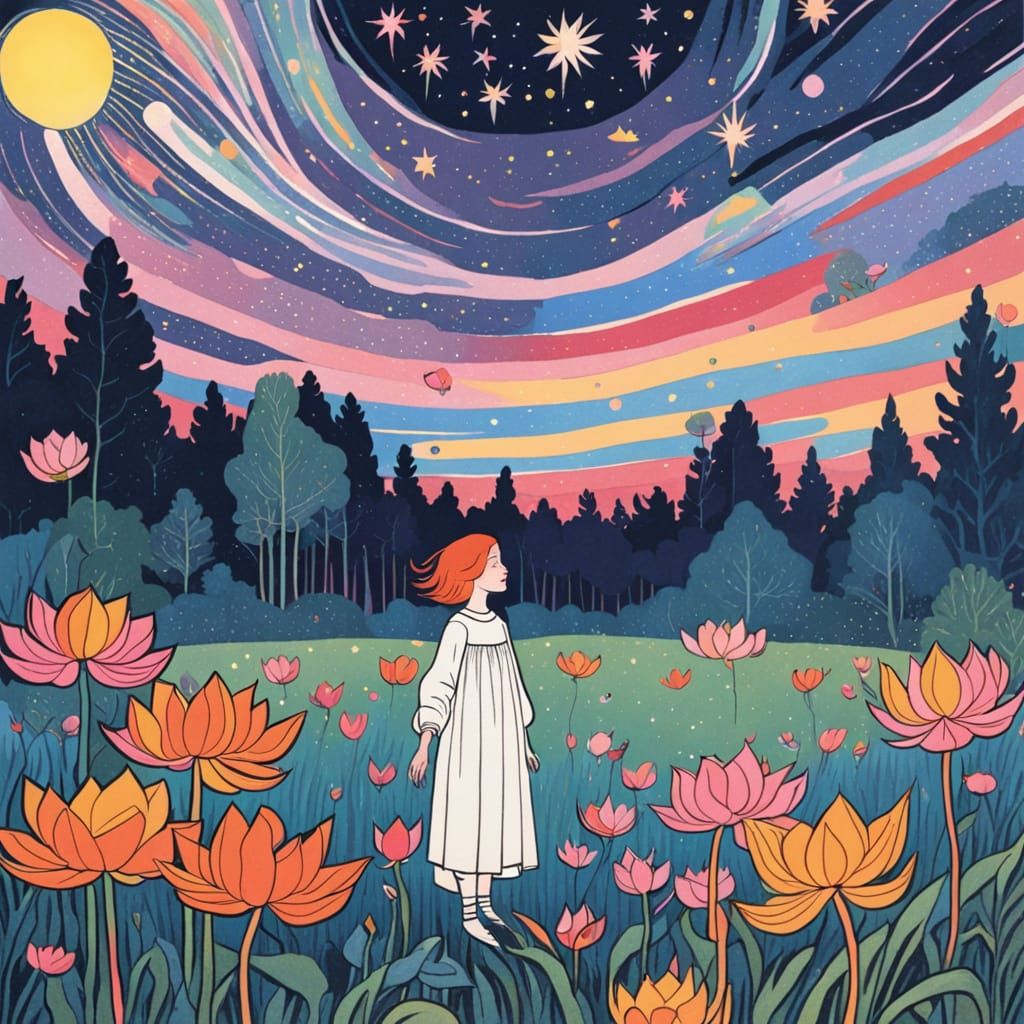Wild Bold Fauvism fabulous shooting star, children book illustration, Bilibin. Little girl in a meadow under a starry sk...