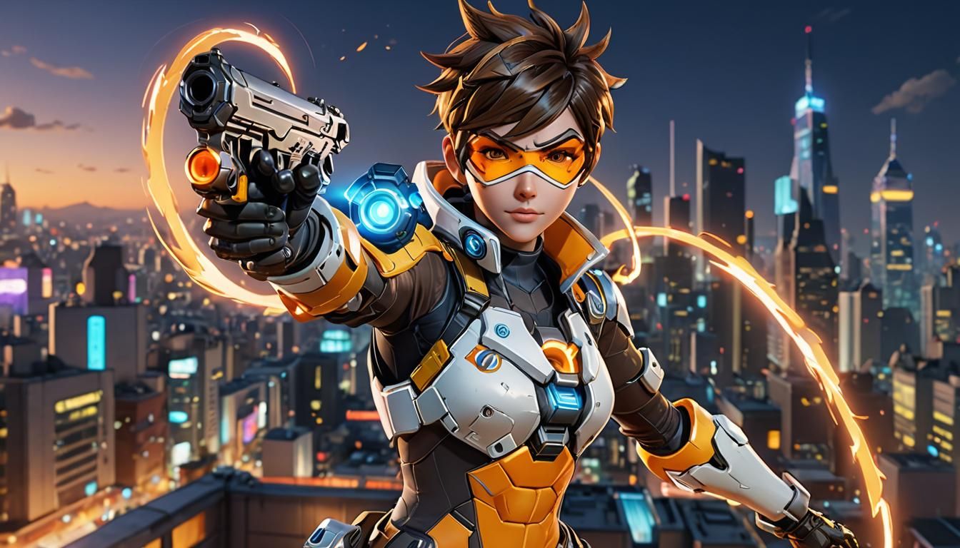 Dynamic 3D Anime Art of Tracer from Overwatch
