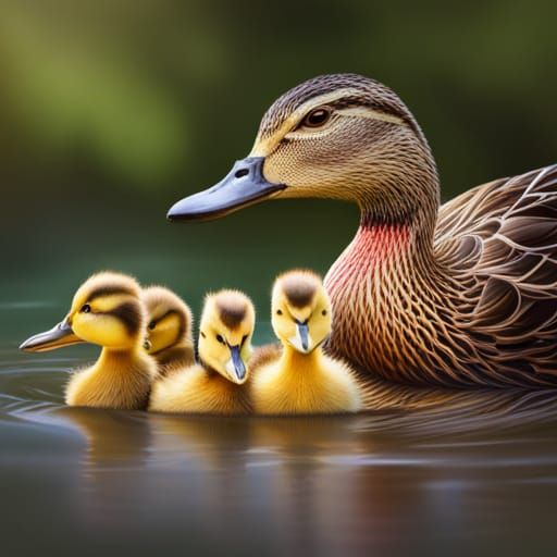 Mother Duck and Ducklings in Hyperrealistic Splash Art