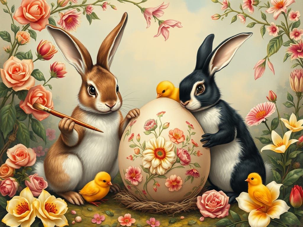 Easter Bunnies Painting Eggs in Vintage Style