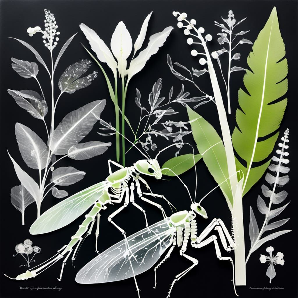 Rayograph Collage of Natural Objects and Skeleton