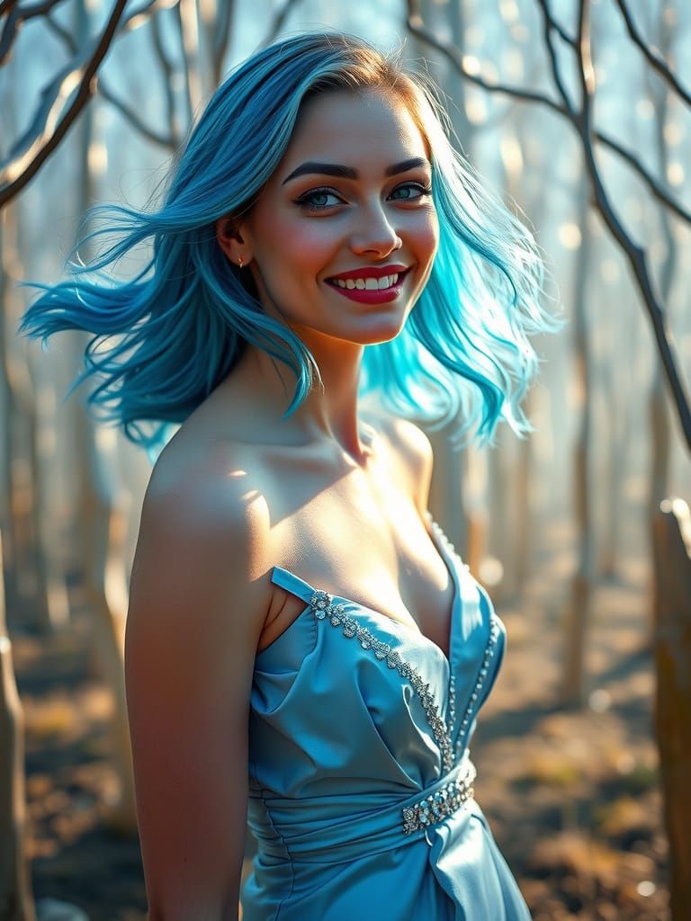 Fashion Model With Bioluminescent Hair in Ethereal Forest