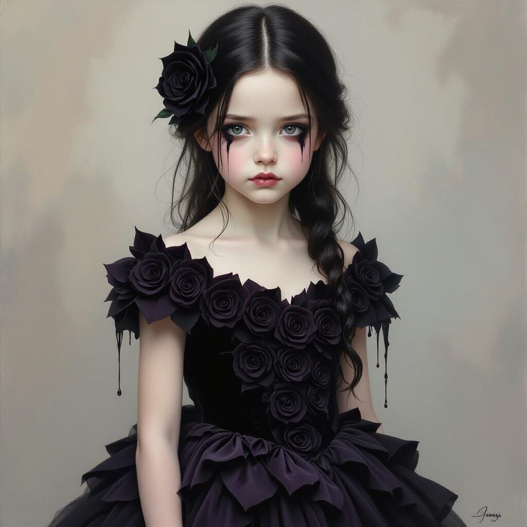 Melancholic Rose Girl Born from Dark Bloom