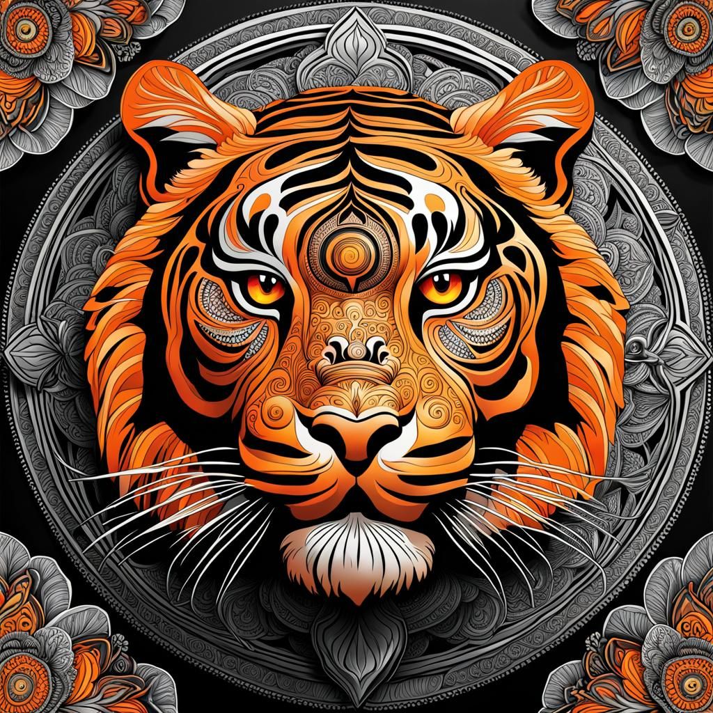 Intricate Tiger Head Mandala in Graffiti Art Style