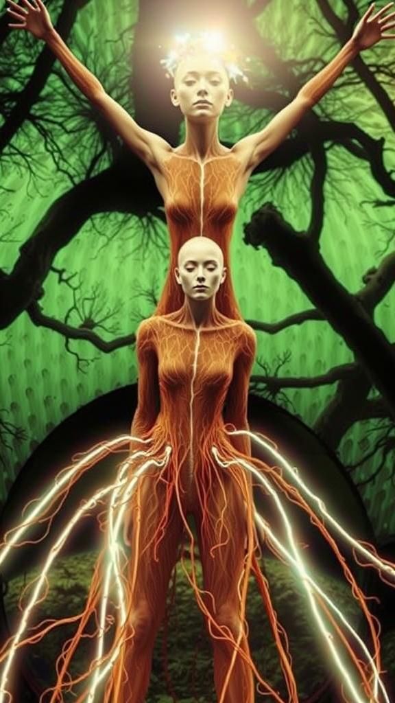 Tree-Human Hybrid Woman Generates Electricity in Digital Art