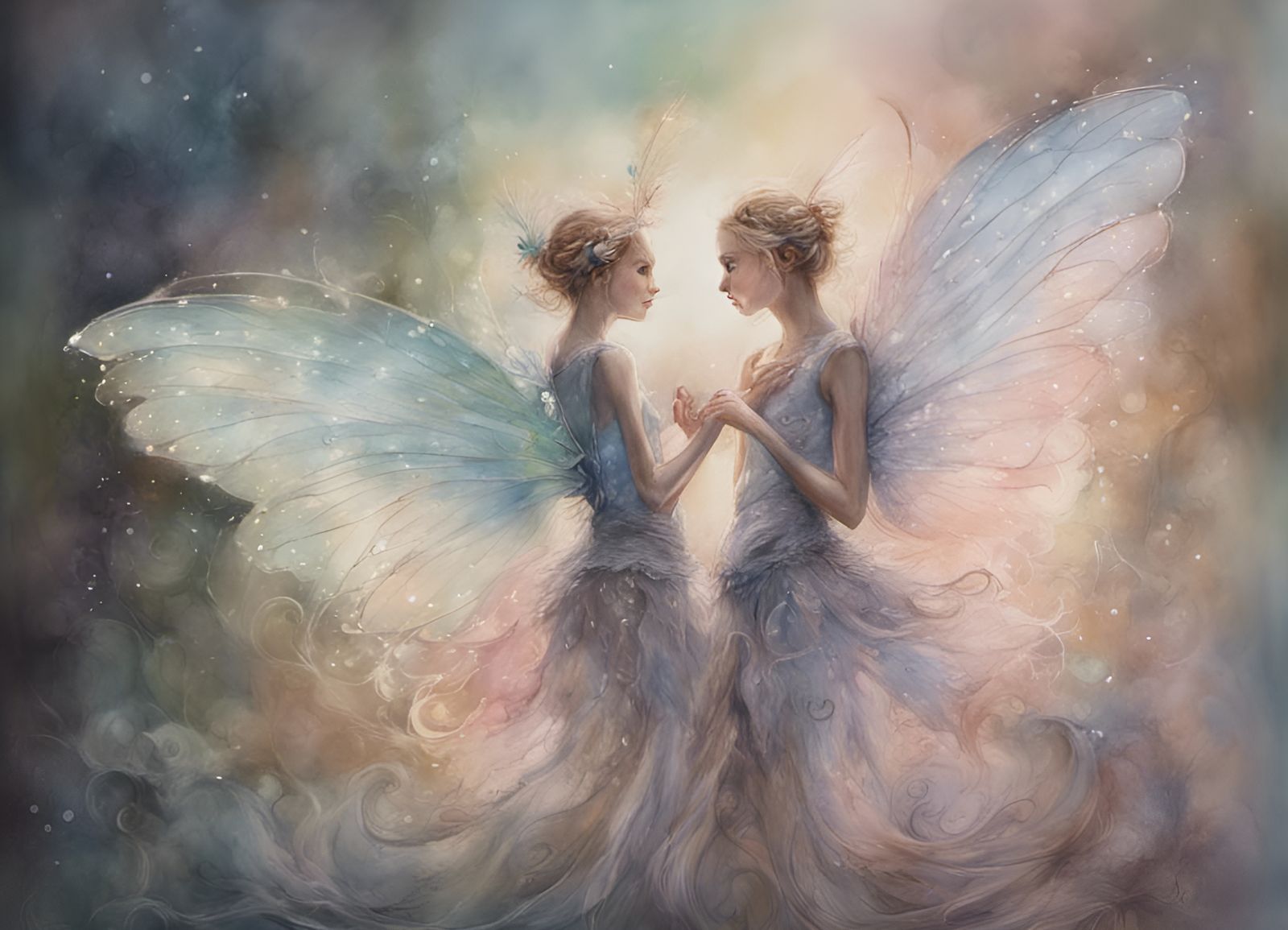 Fairies with Glowing Wings in Watercolour Style