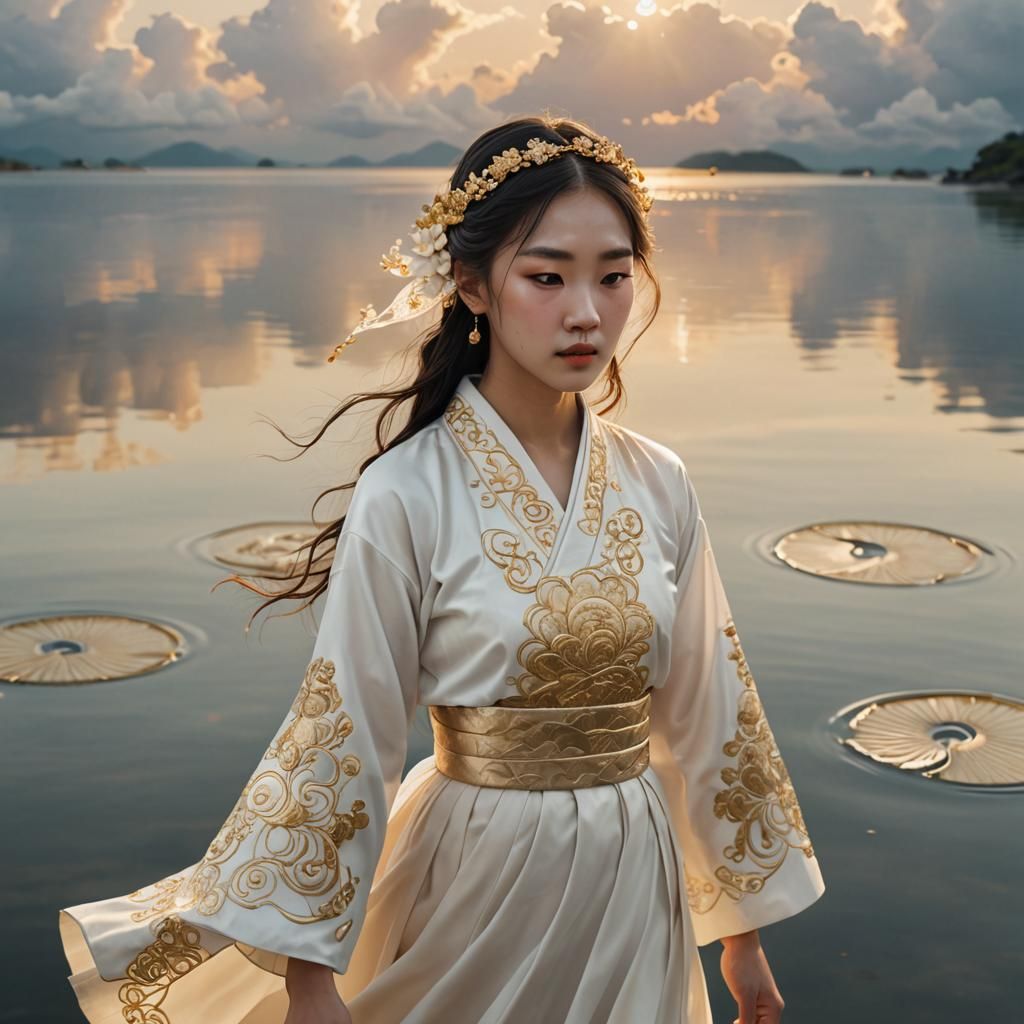 Girl in Hanbok on Water: Hyperrealistic Portrait