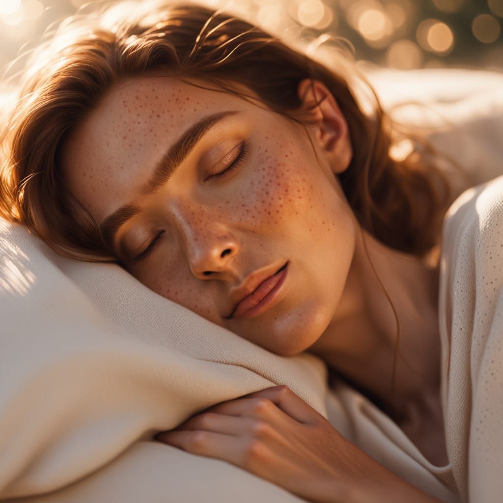 Photorealistic Portrait of Sleeping Woman in Golden Hour Lig...
