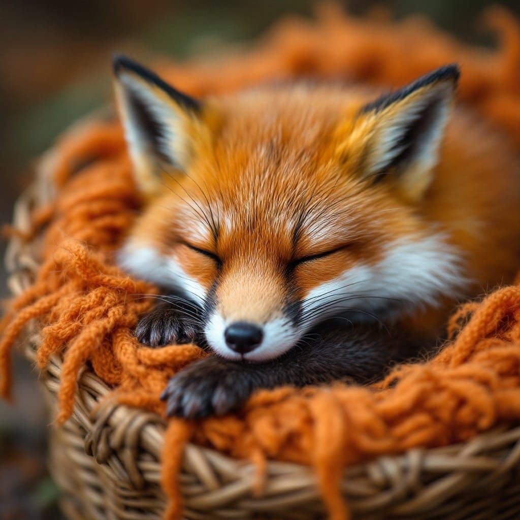 Cute Fox Asleep in a Basket of Warm Reds