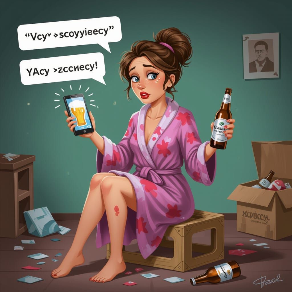 Humorous Satire: Woman on Beer Crate Throne