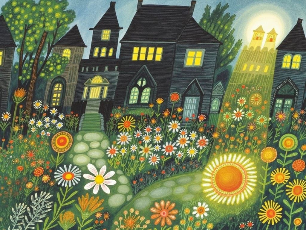 Sunlit Garden Between Dark Houses, Fairytale Illustration