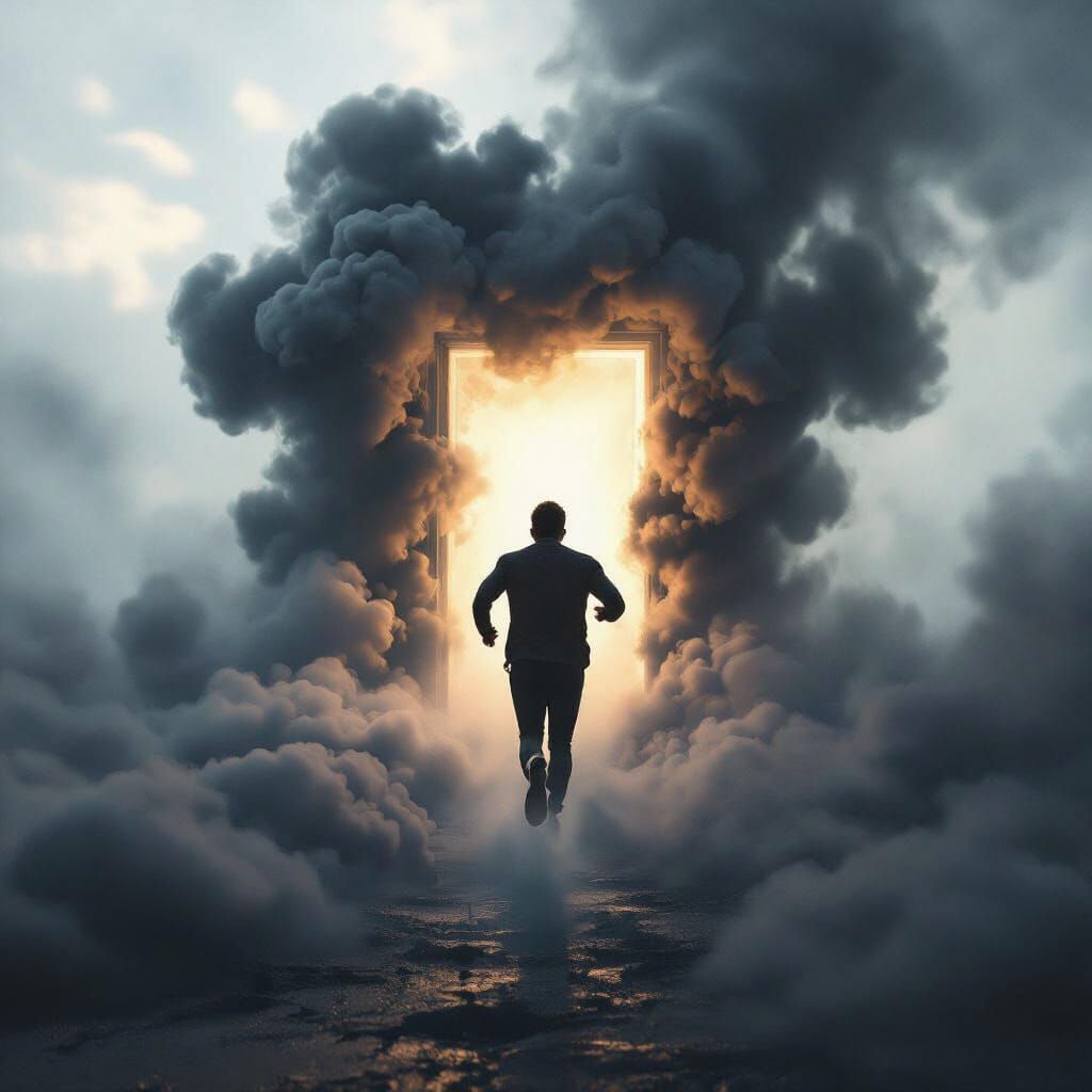 Man Chasing Glowing Door Through Smoke