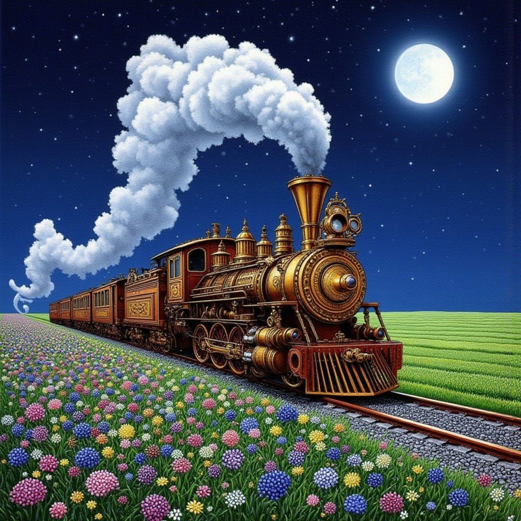 Steampunk Train in Moonlit Field, Pointillist Style