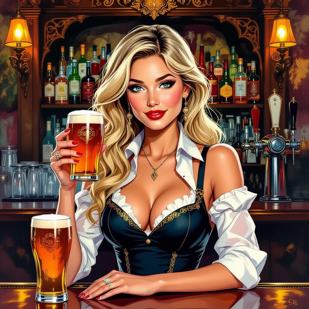 Blonde Bartender Serving Cocktails in Art Nouveau Style