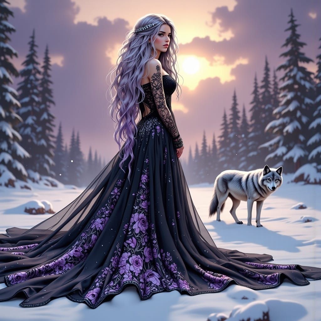 Woman in Lace Gown in Winter Wonderland