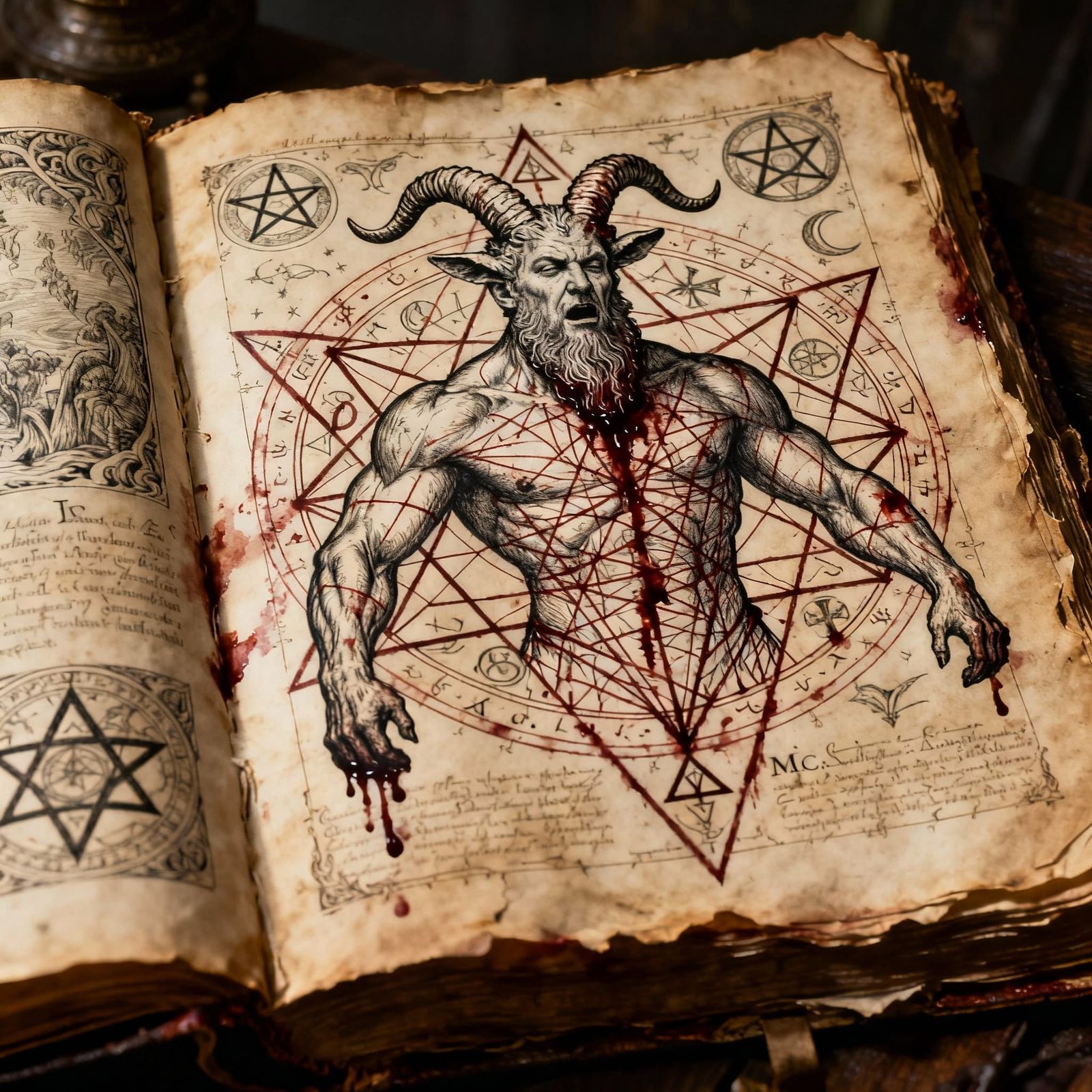 Occult Baphomet Line Art with Drunken Bear Head