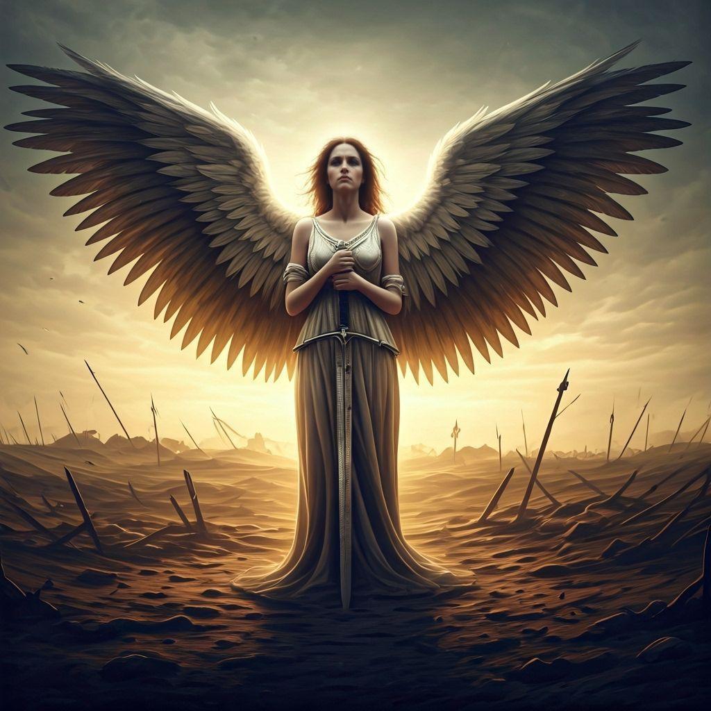 Angel Warrior on Ancient Battlefield at Sunset