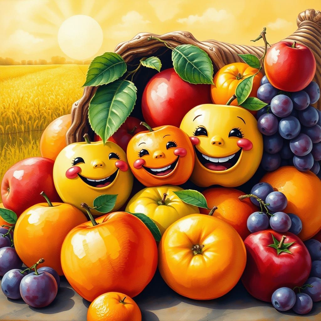 Joyful Anthropomorphic Fruits in a Cornucopia