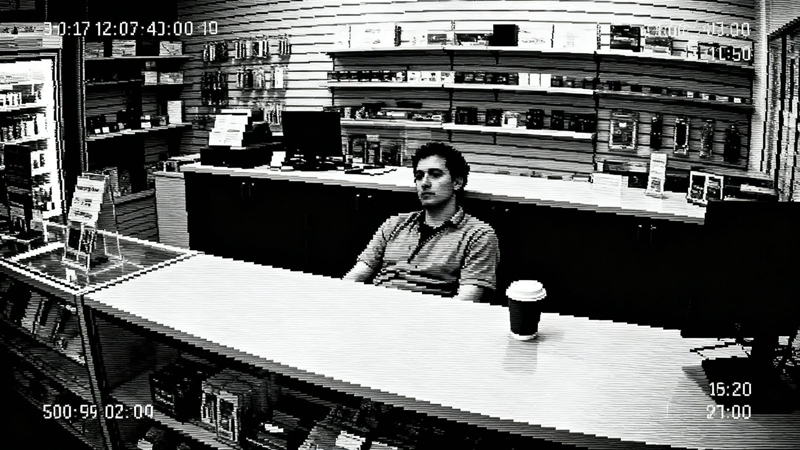 Grainy CCTV Still of Bored Worker, Horror Style