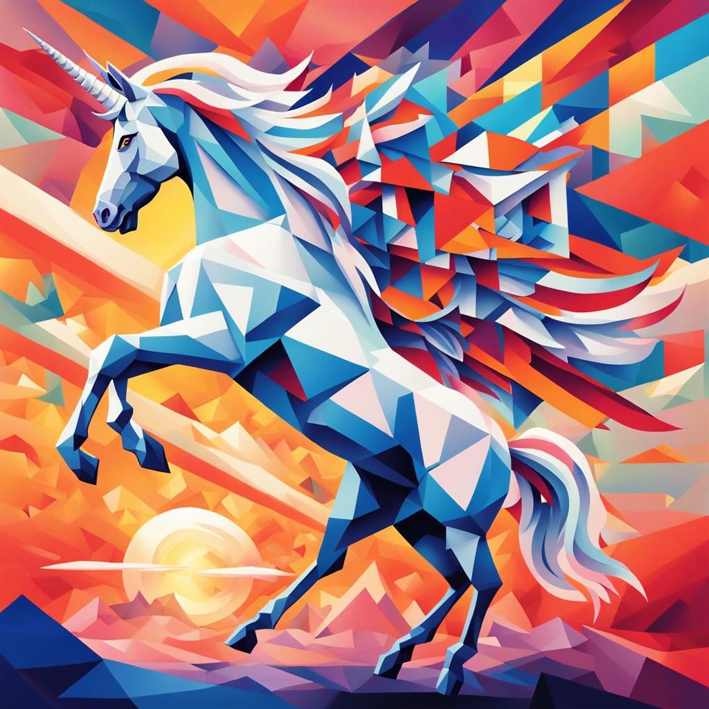 Elegant Winged Unicorn in Cubist Art Deco Style