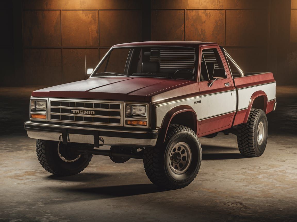 Classic Off-Road Pickup in Dimly Lit Warehouse