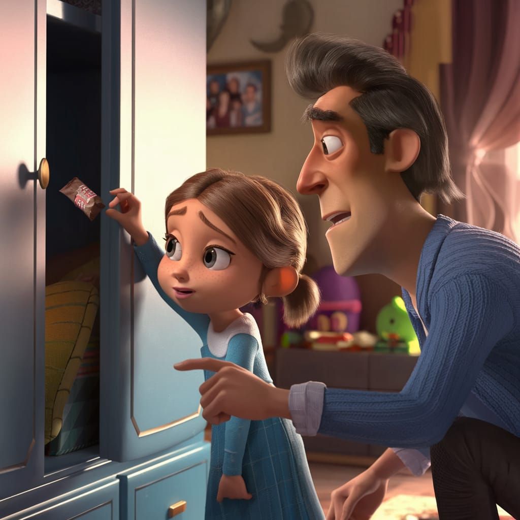 Girl Finds Clue with Father in Cartoon 3D Room