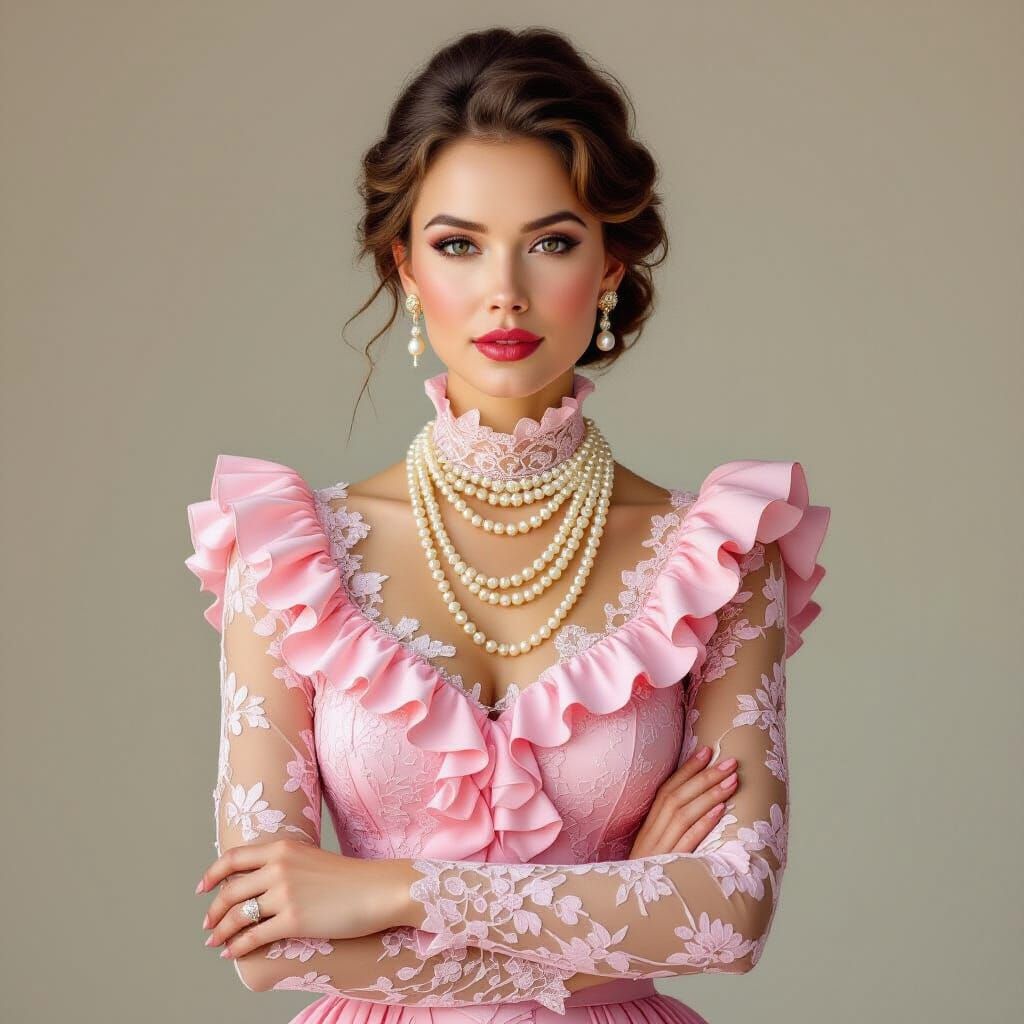 Woman in Pink Lace Dress, Photorealistic Portrait