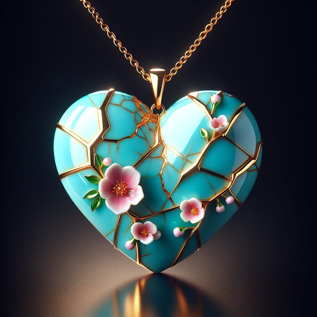 Stunning Kintsugi Heart Necklace in Vibrant Turquoise