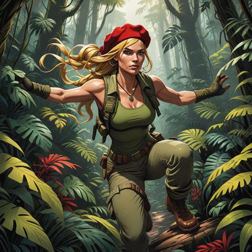 Fit Warrior Woman Strides Through Exotic Jungle Landscape