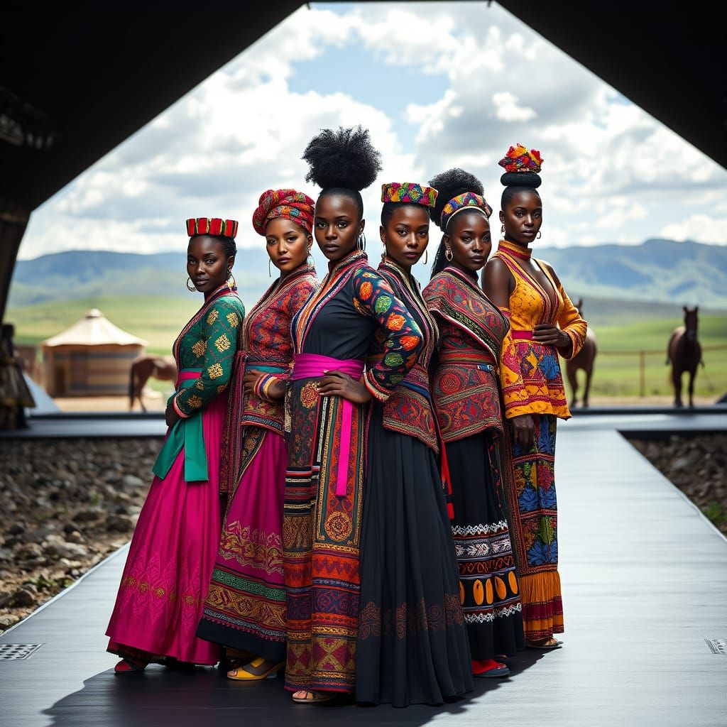 Confident Black Women in Vibrant Mongolian Attire on a Breat...