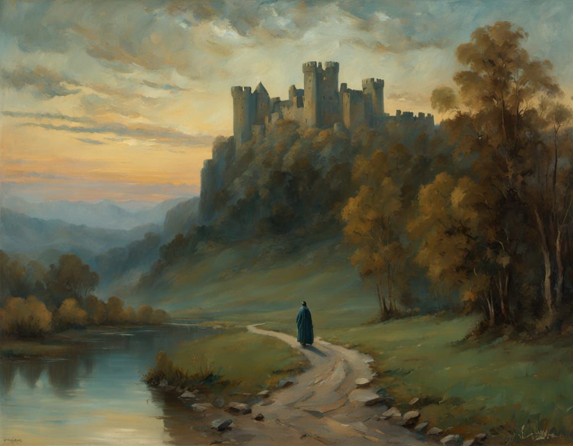Wizard Approaches Castle as Impasto Painting