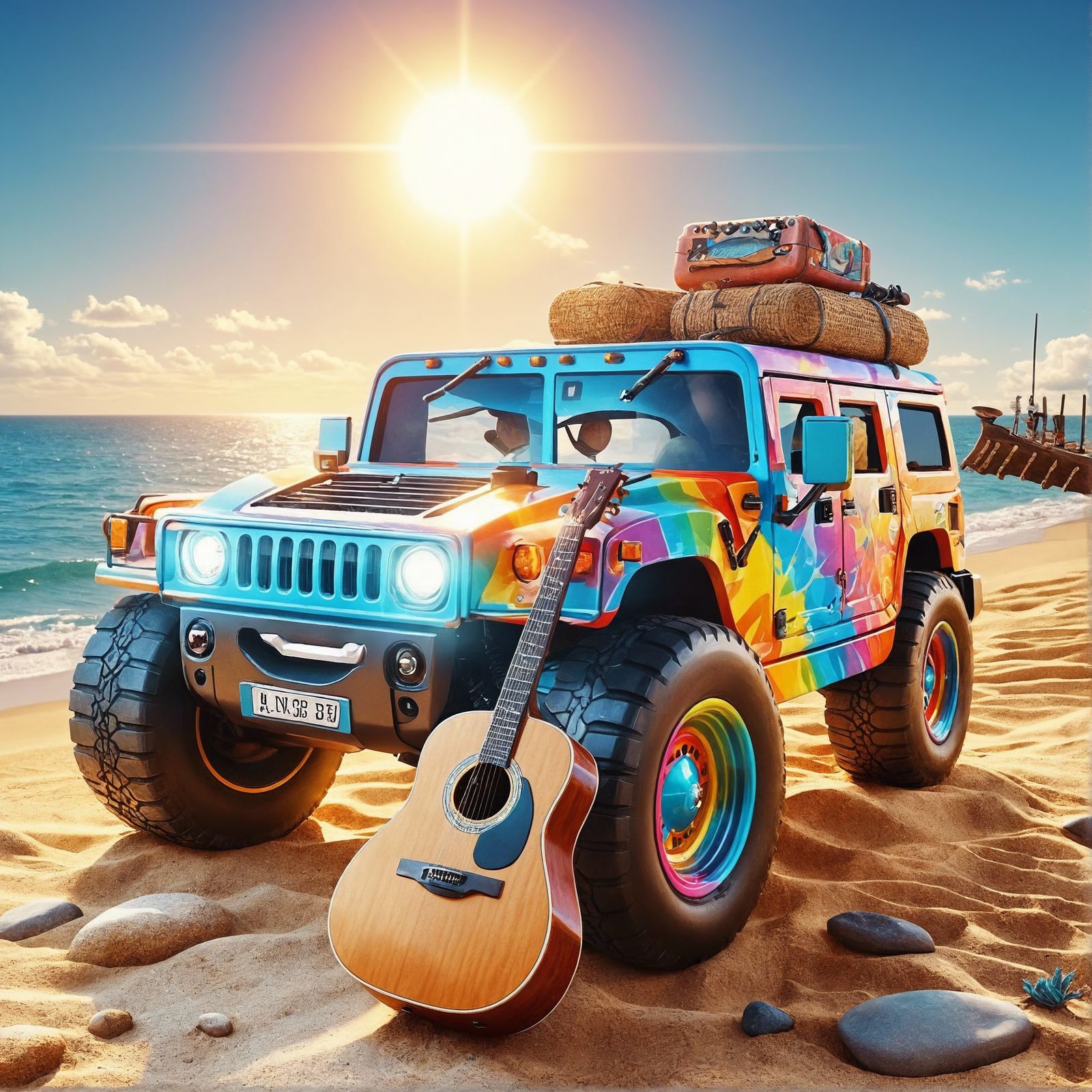Psychedelic Hummer Plays Guitar on Sunny Beach
