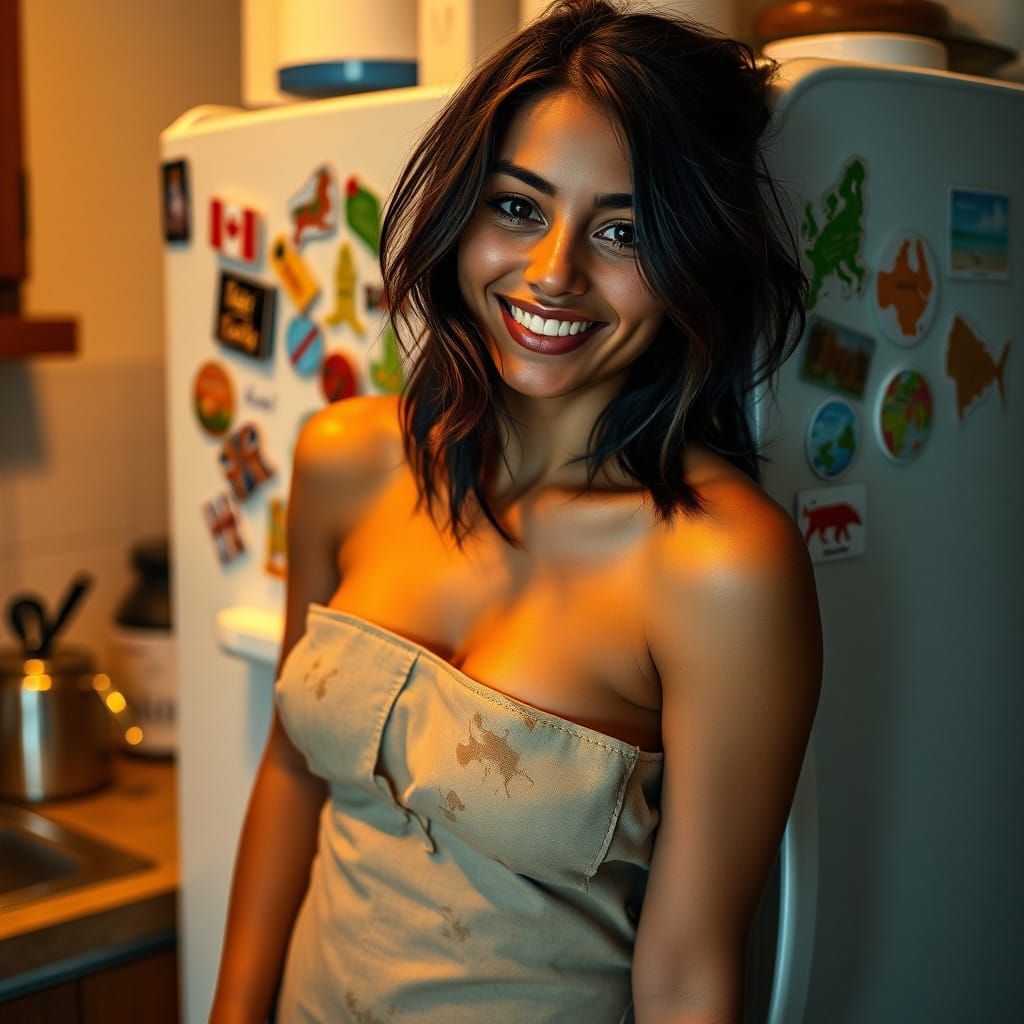 Warm Smile in a Cozy Kitchen: A Photorealistic Portrait