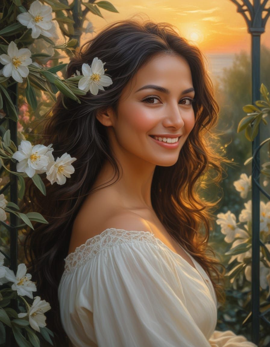 Romantic Realism Portrait of Woman in Garden